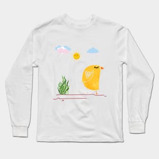 yellow bird and sun cute art Long Sleeve T-Shirt